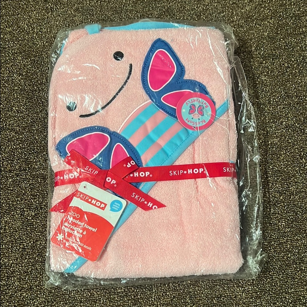 Skip Hop Pink Butterfly Hooded Baby Towel with Blue Accents